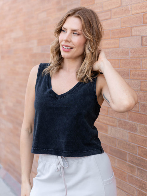 washed black v-neck tank