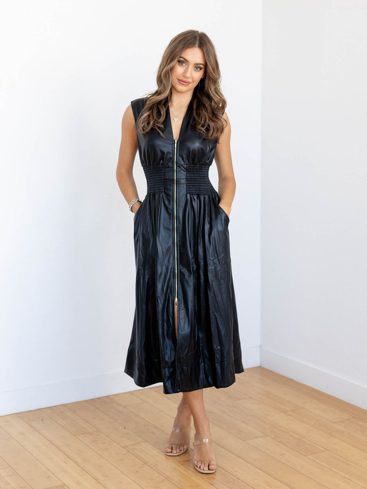 black faux leather zip front midi dress