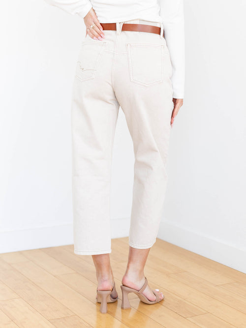 tan cropped barrel leg denim