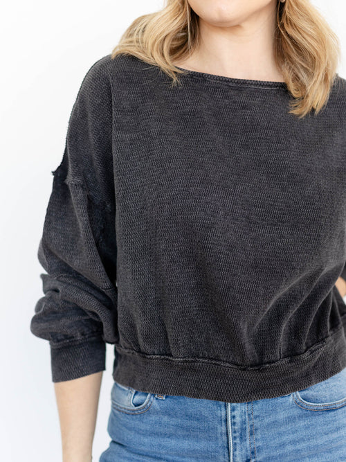 washed black boat neck drop sleeve pullover