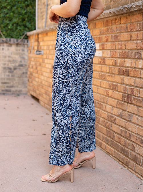 paisley and floral printed soft flowy blue pants