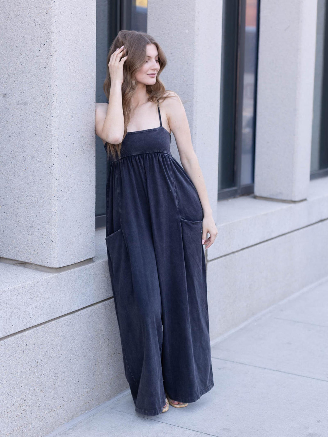 washed black wide leg jumpsuit