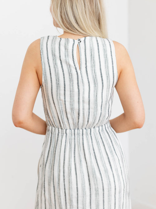 black and white woven stripe midi dress
