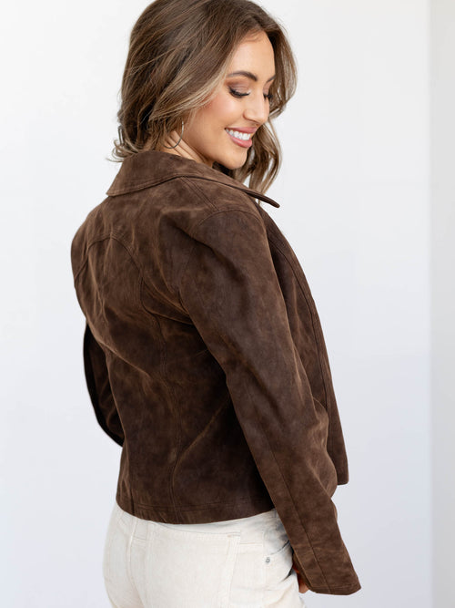 softly structured brown zip front jacket