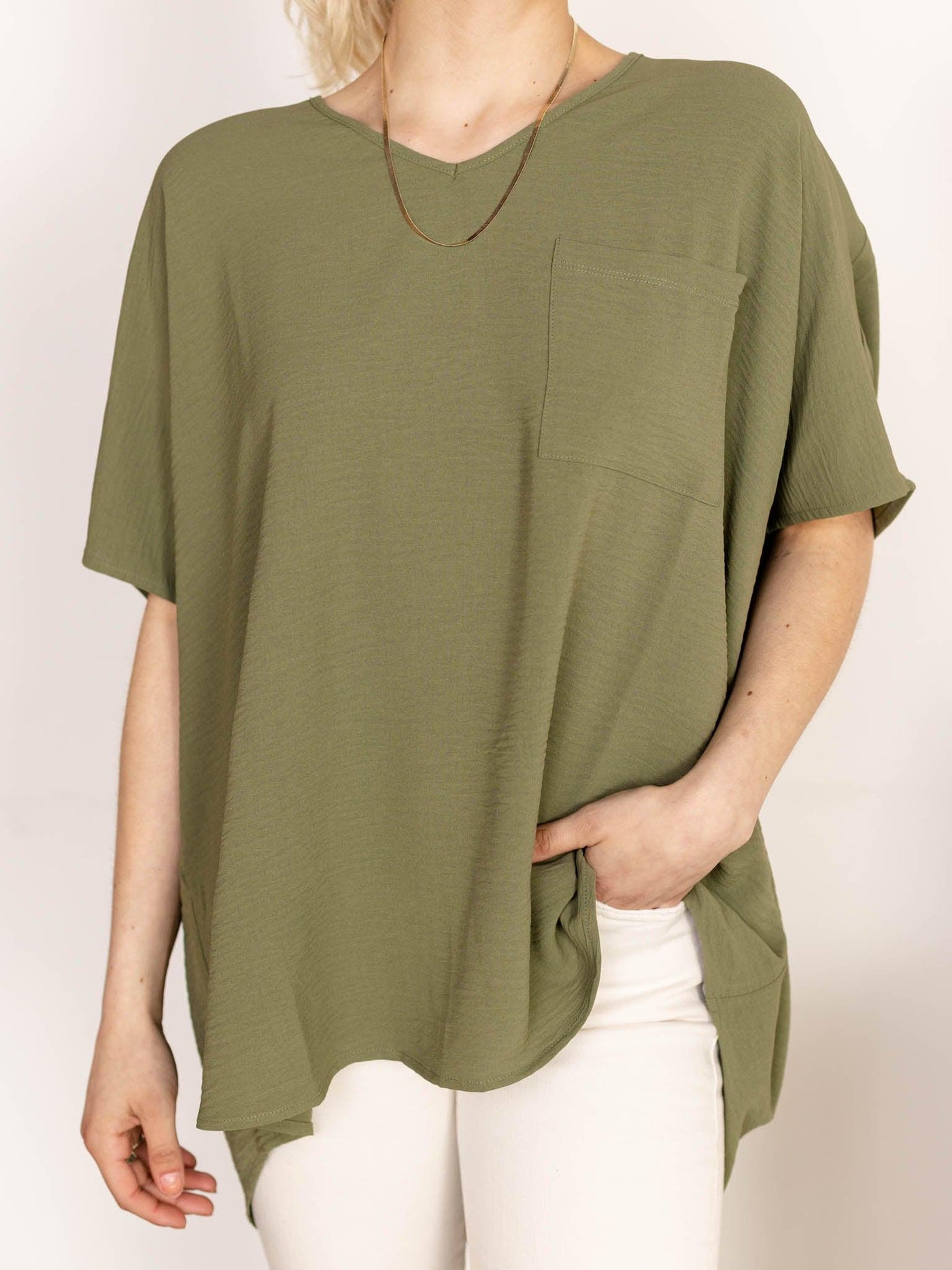 green woven vneck blouse