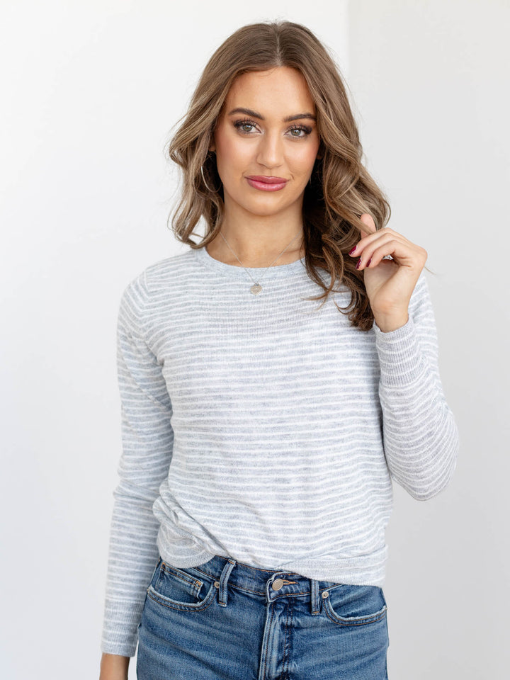 light grey striped long sleeve sweater