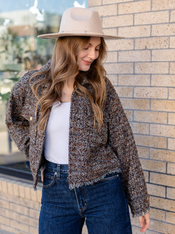 tweed frayed hem cropped jacket