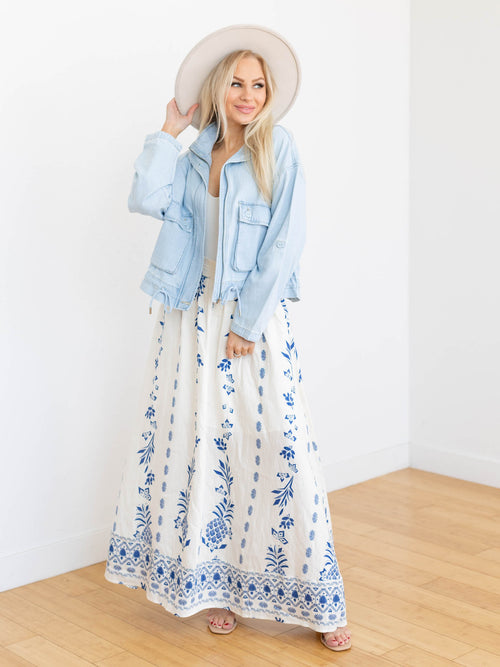 blue and white maxi skirt
