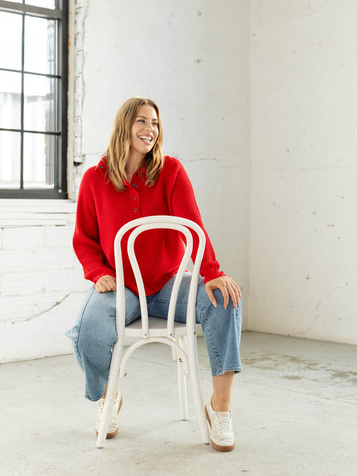 red waffle knit half button sweater