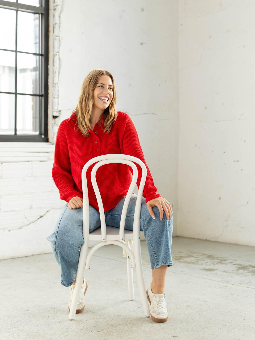 red waffle knit half button sweater