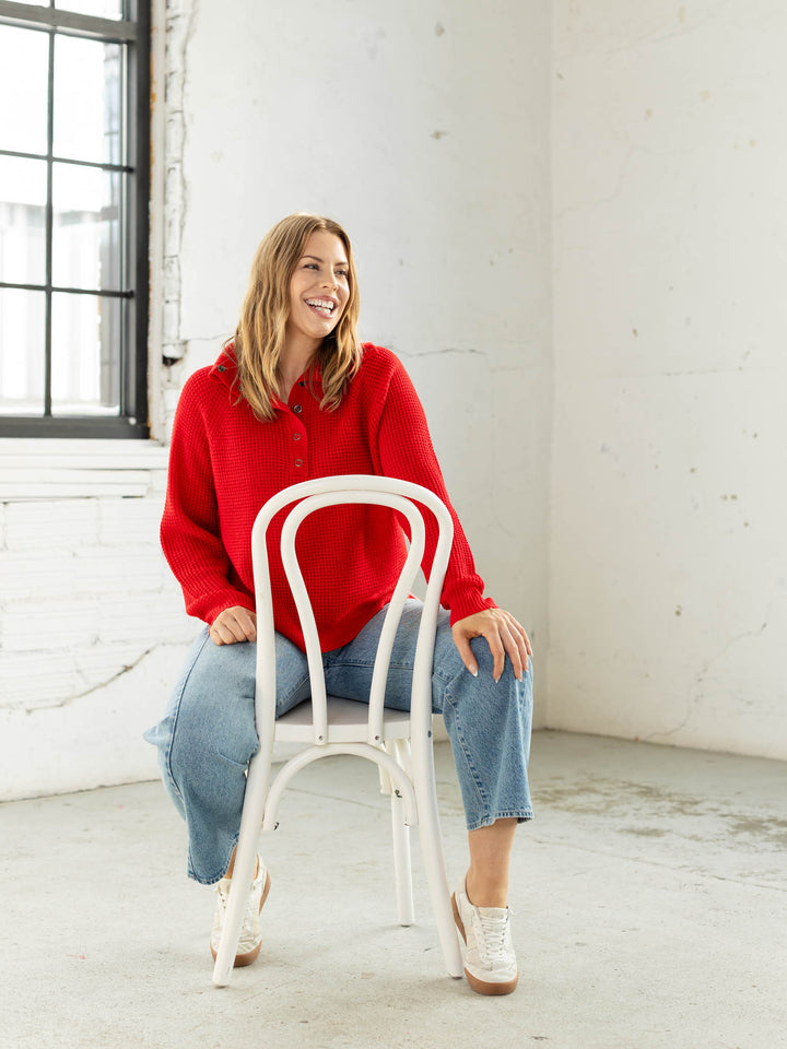 red waffle knit half button sweater