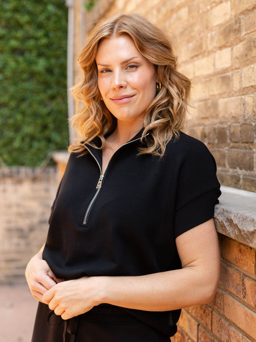 black half zip short sleeve sweatshirt