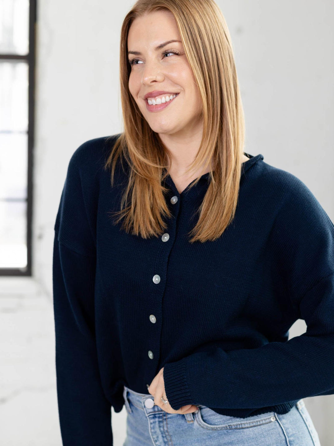 navy blue rolled neck cardigan
