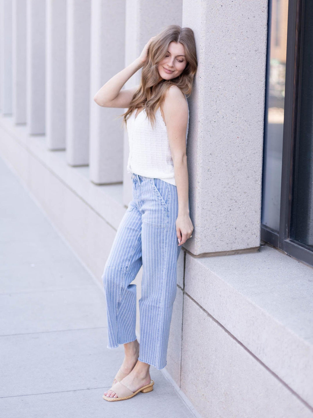 barrel pinstripe jeans