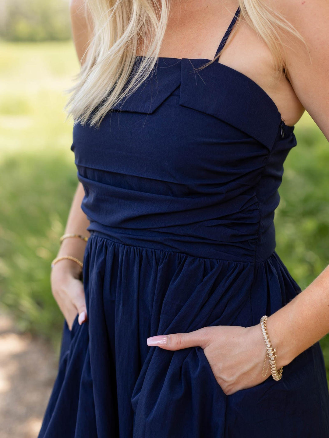 navy blue midi length structured dress