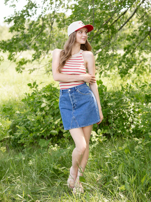 studded pocket mini denim skirt