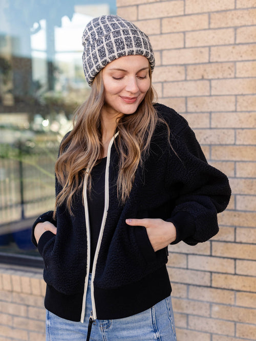 black and white trim sherpa jacket