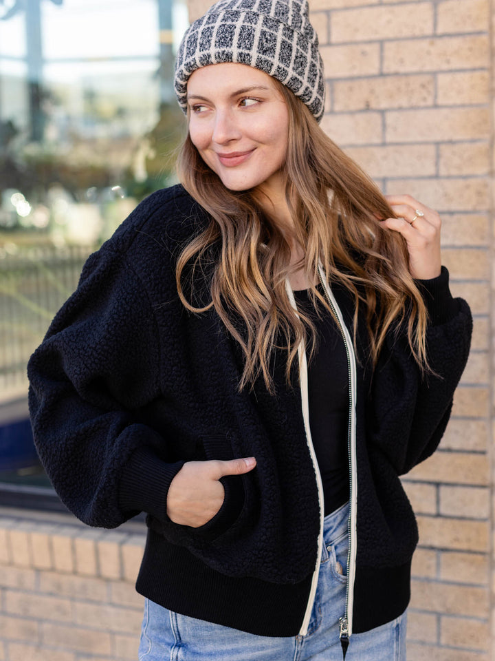 black and white trim sherpa jacket