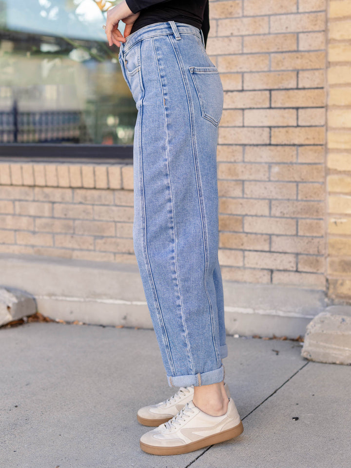 cuffed medium wash barrel denim