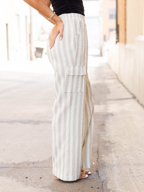 neutral stripe cargo wide leg pants