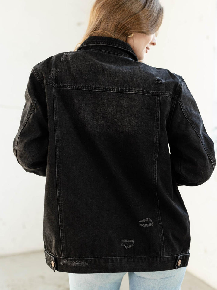 RISEN Black Loose Fit Distressed Denim Jacket