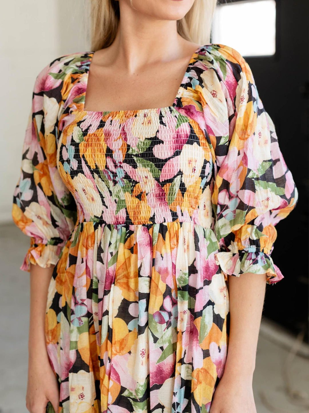 smocked floral dress