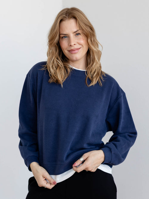 navy blue crew neck pullover