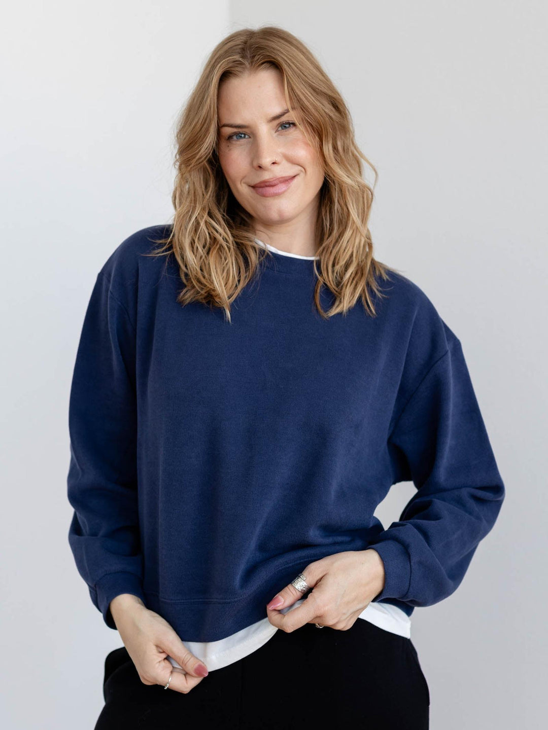 navy blue crew neck pullover