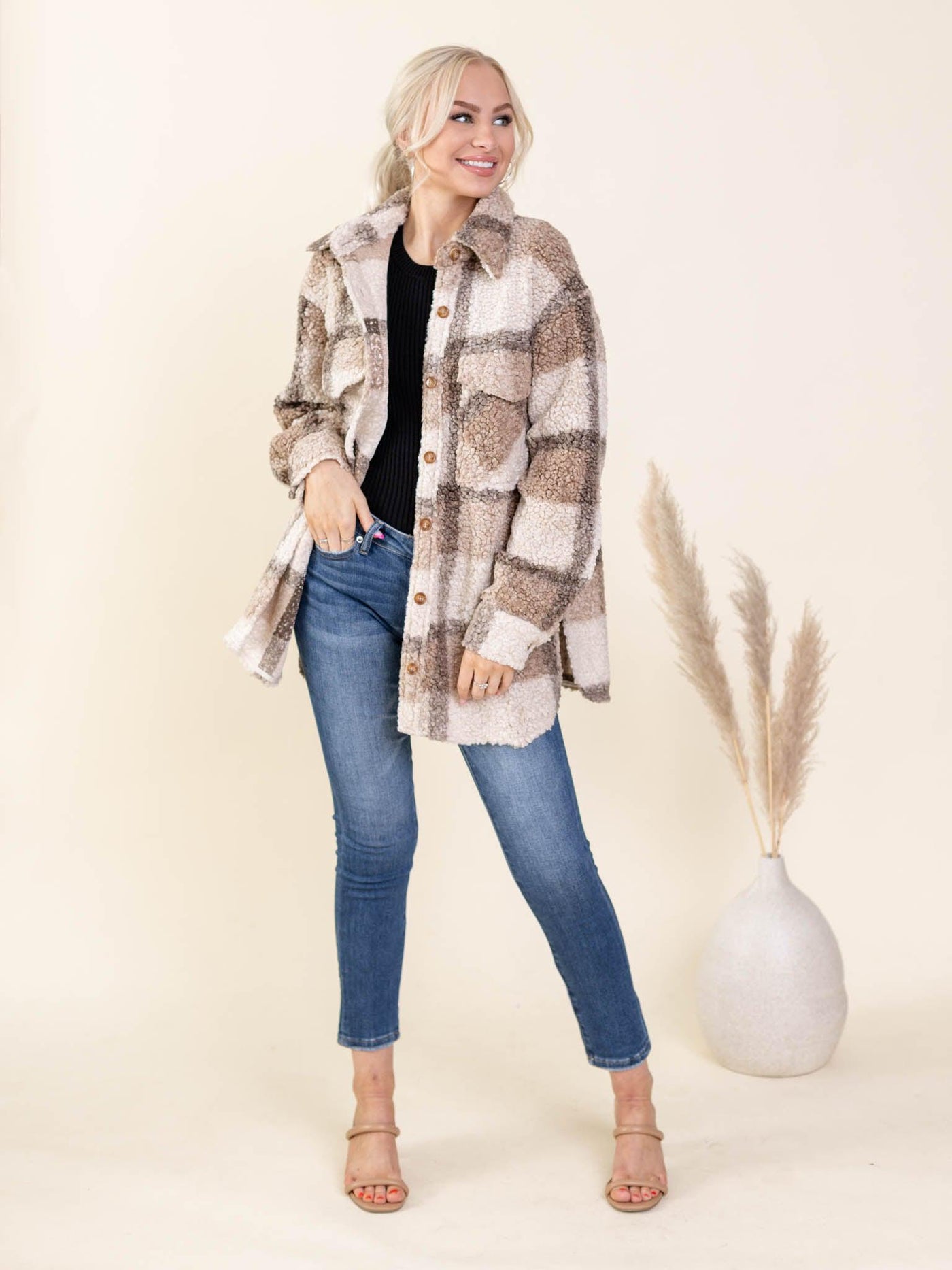 plaid teddy shacket