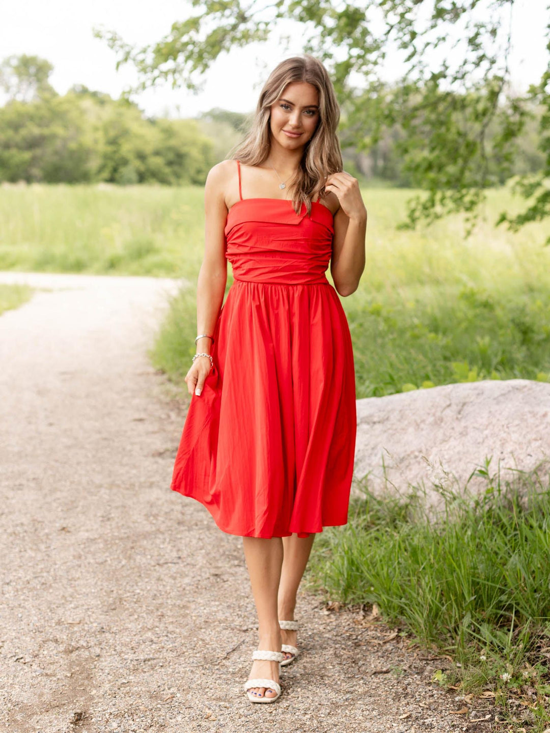 red shirred midi dress