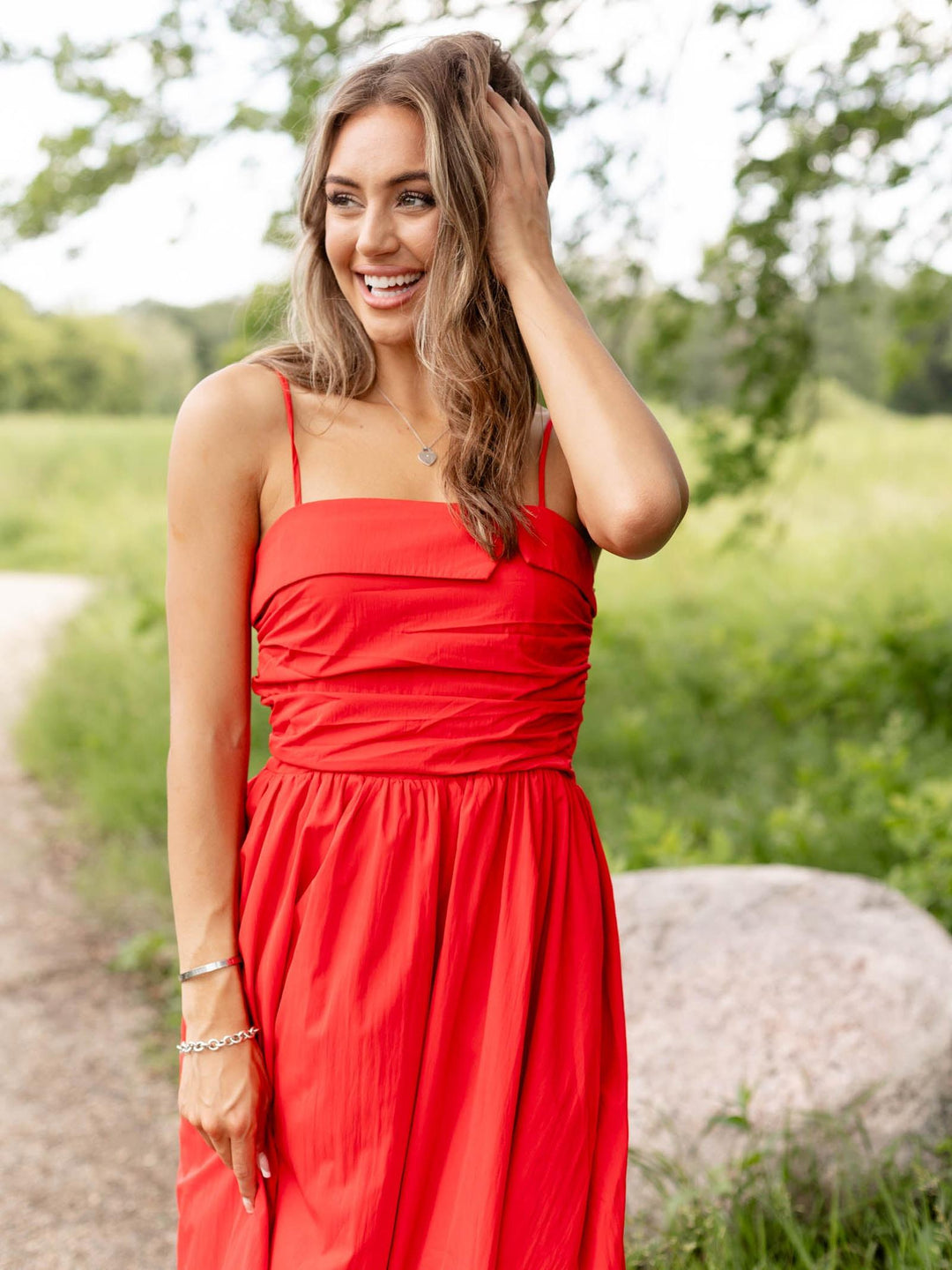 red shirred midi dress