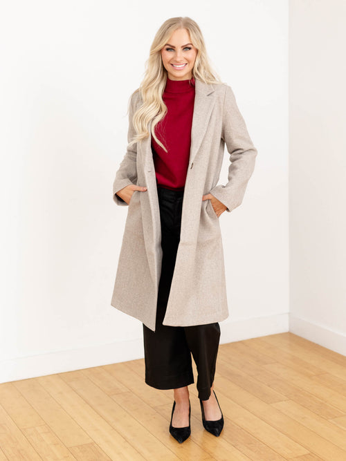 heathered oatmeal long structured coat