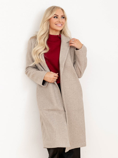 heathered oatmeal long structured coat