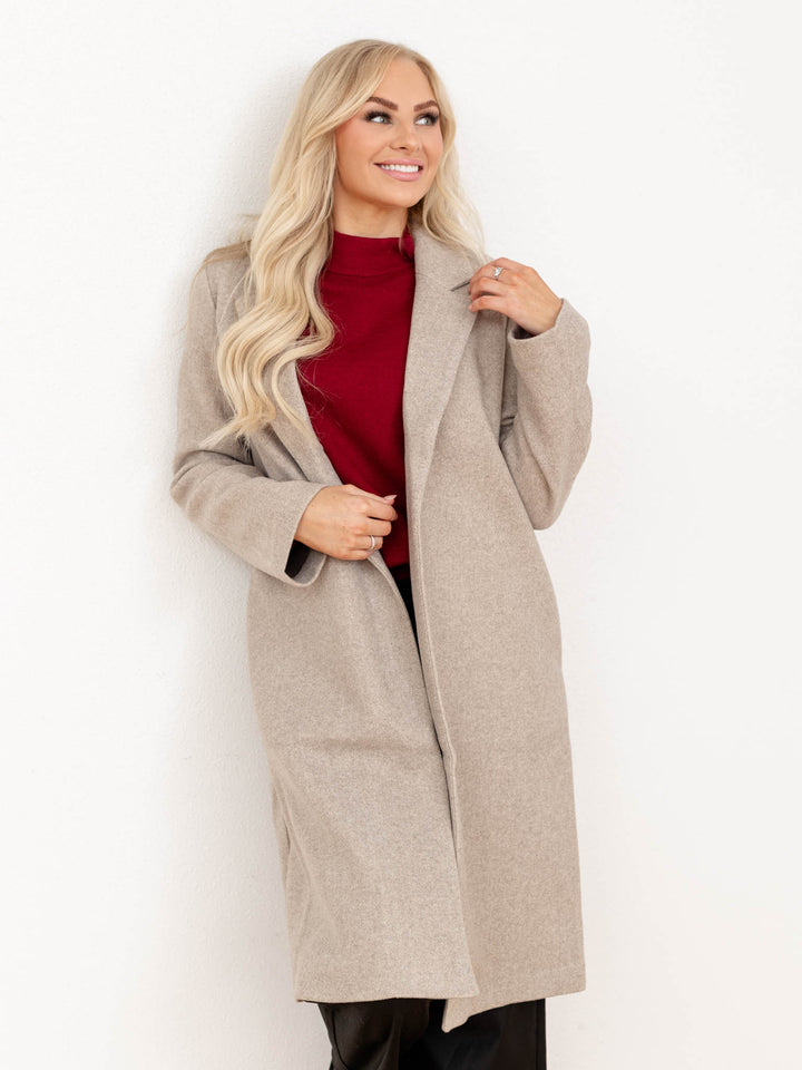 heathered oatmeal long structured coat