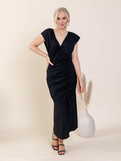 ruched front black dress