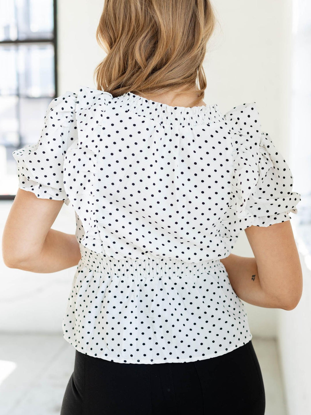 Short Sleeve Woven Polka Dot Smocked Top