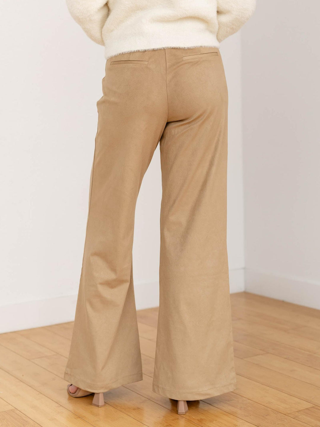 neutral pintuck flared suede pant