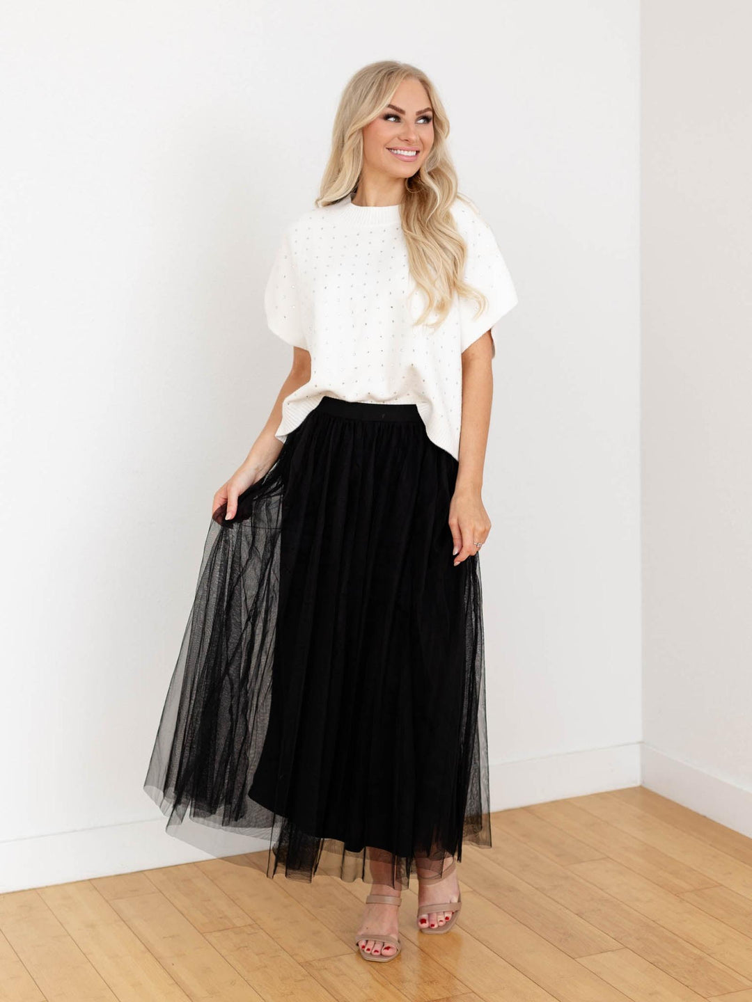 black tulle midi skirt