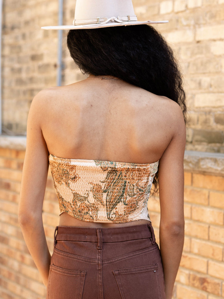 satin paisley printed strapless top