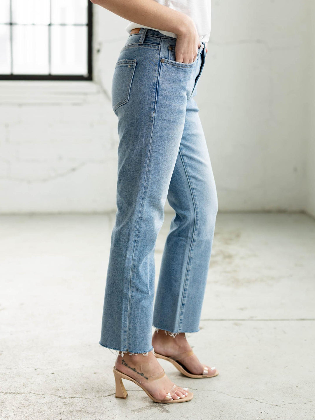 washed straight leg raw hem denim