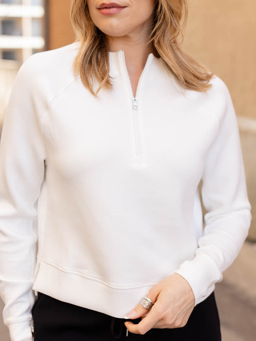 white half zip collarless sweater