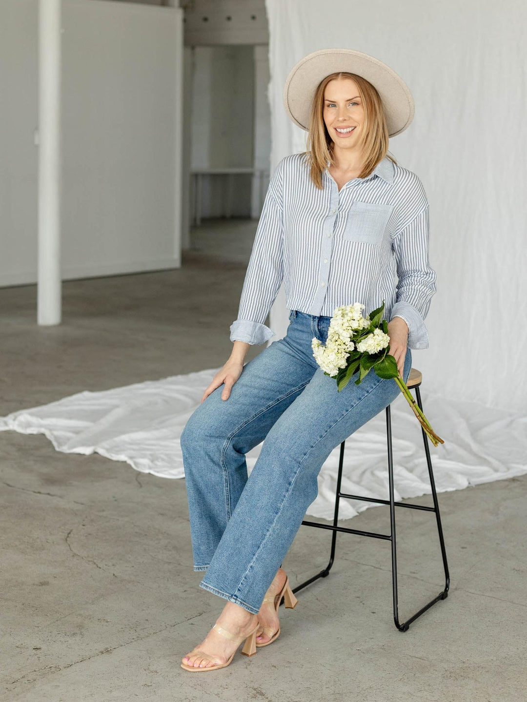 cropped blue and white stripe button down