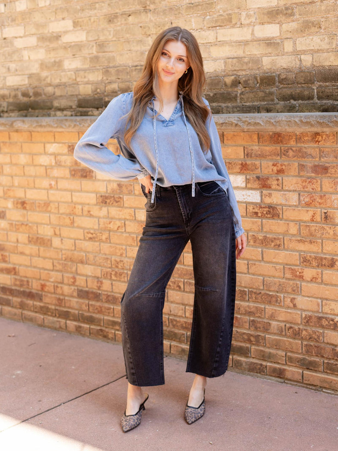 washed denim tie front top