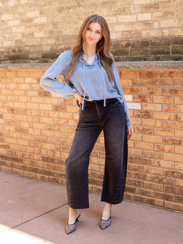 washed denim tie front top