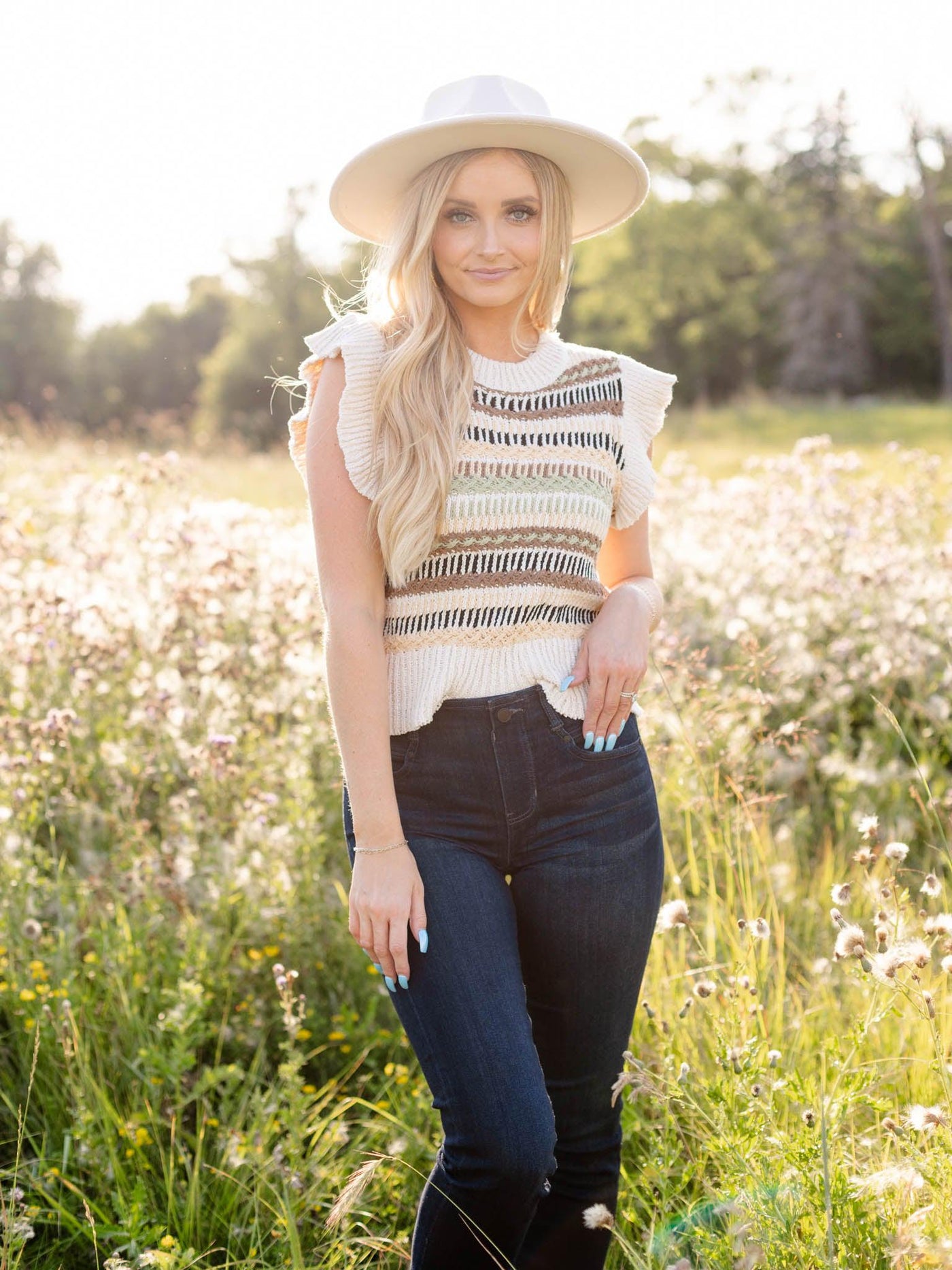 colored stripe flutter sleeve sweater