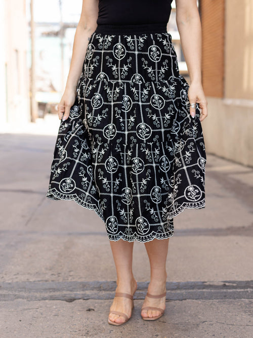 black and white embroidered floral midi skirt