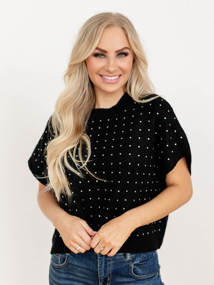 black rhinestone boxy sweater