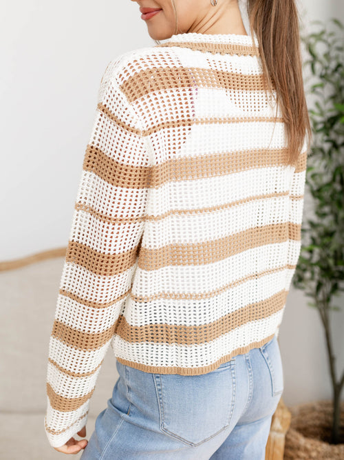 tan and white crochet knit collared sweater