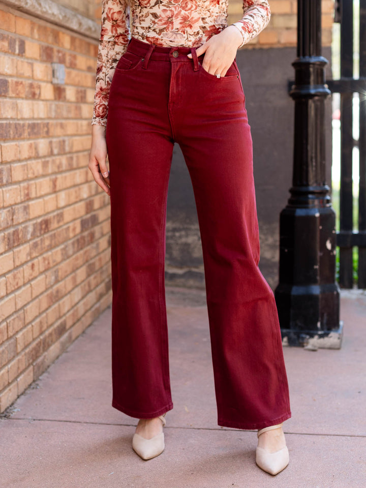 burgundy wide leg denim pants