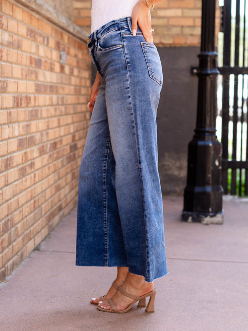 wide leg ankle frayed denim